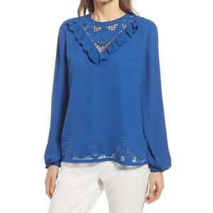 Halogen Women's Eyelet Detailing Long Sleeve Blouse Top Navy Limoges Size XS